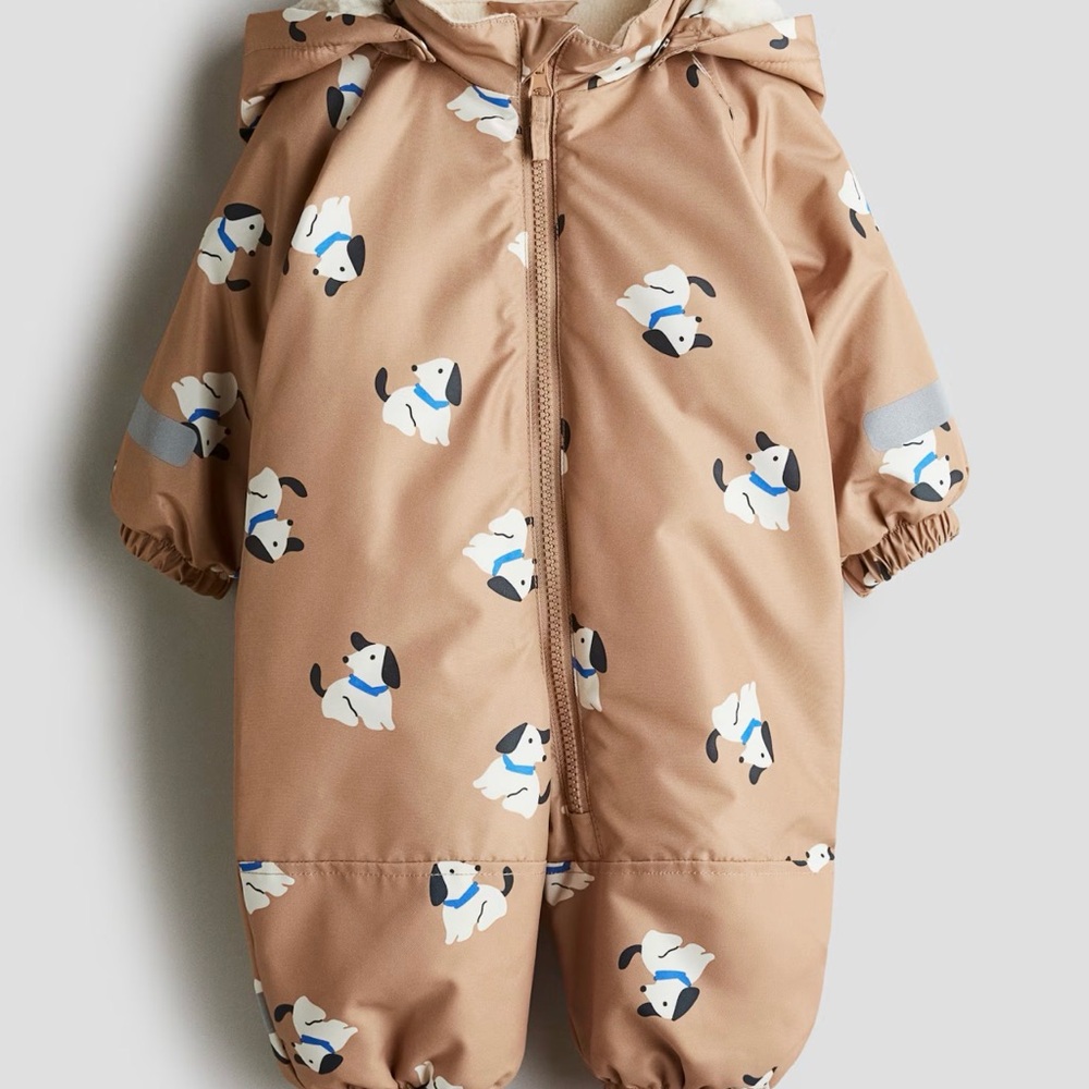 H&M Tan Puffer Snowsuit with White and Navy Dog Print with Matching Gloves